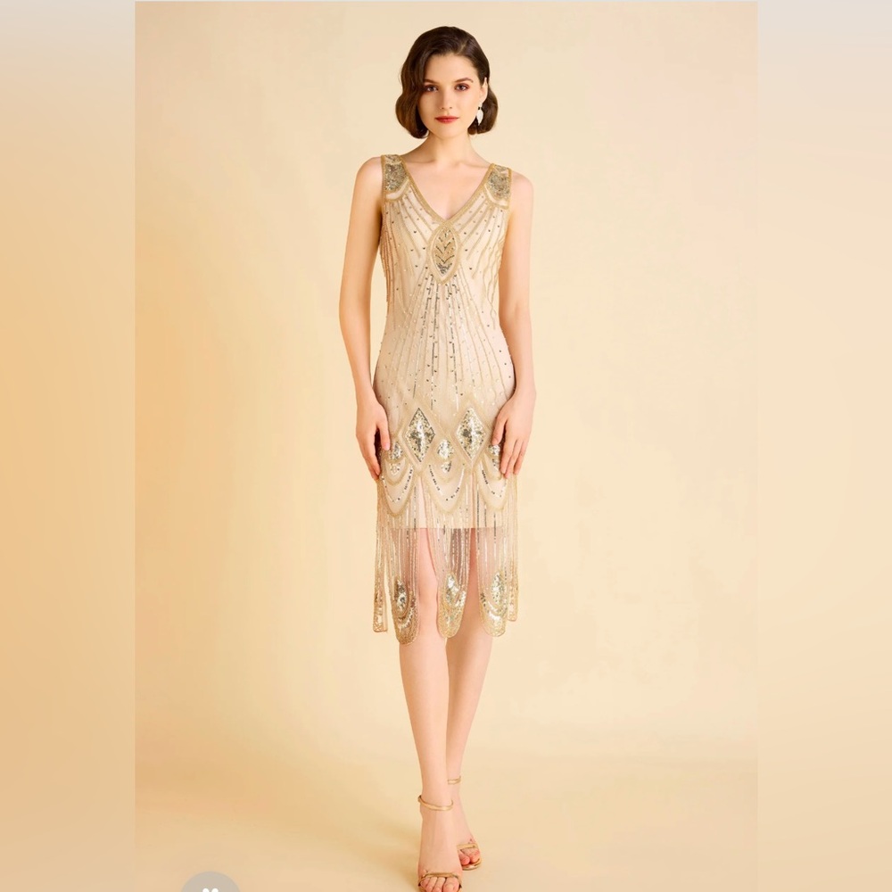 Zouzou Art Deco Flapper Dress, size 6, gold